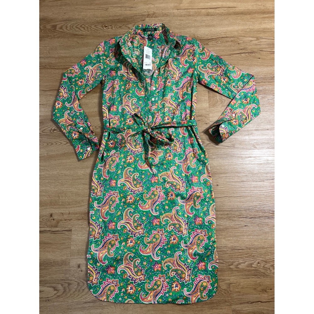 Lauren Ralph Lauren Dress Size 4 NWT Green Paisley Belted Cotton Shirt Midi